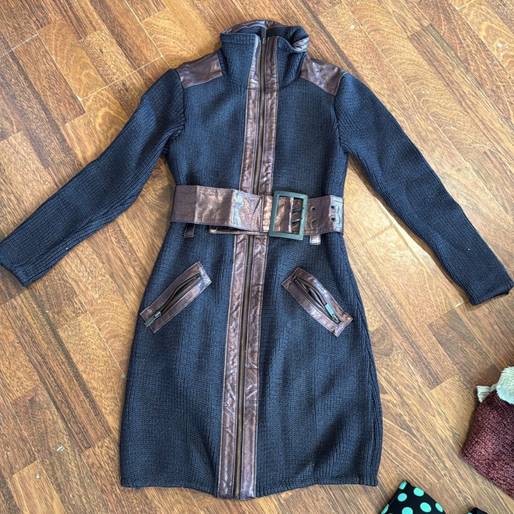 Bebe Bronze Knit with Leather Trim Coat XS